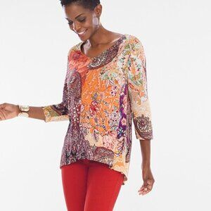 Chico's EUC warm paisley v neck tunic top size S longer length in back